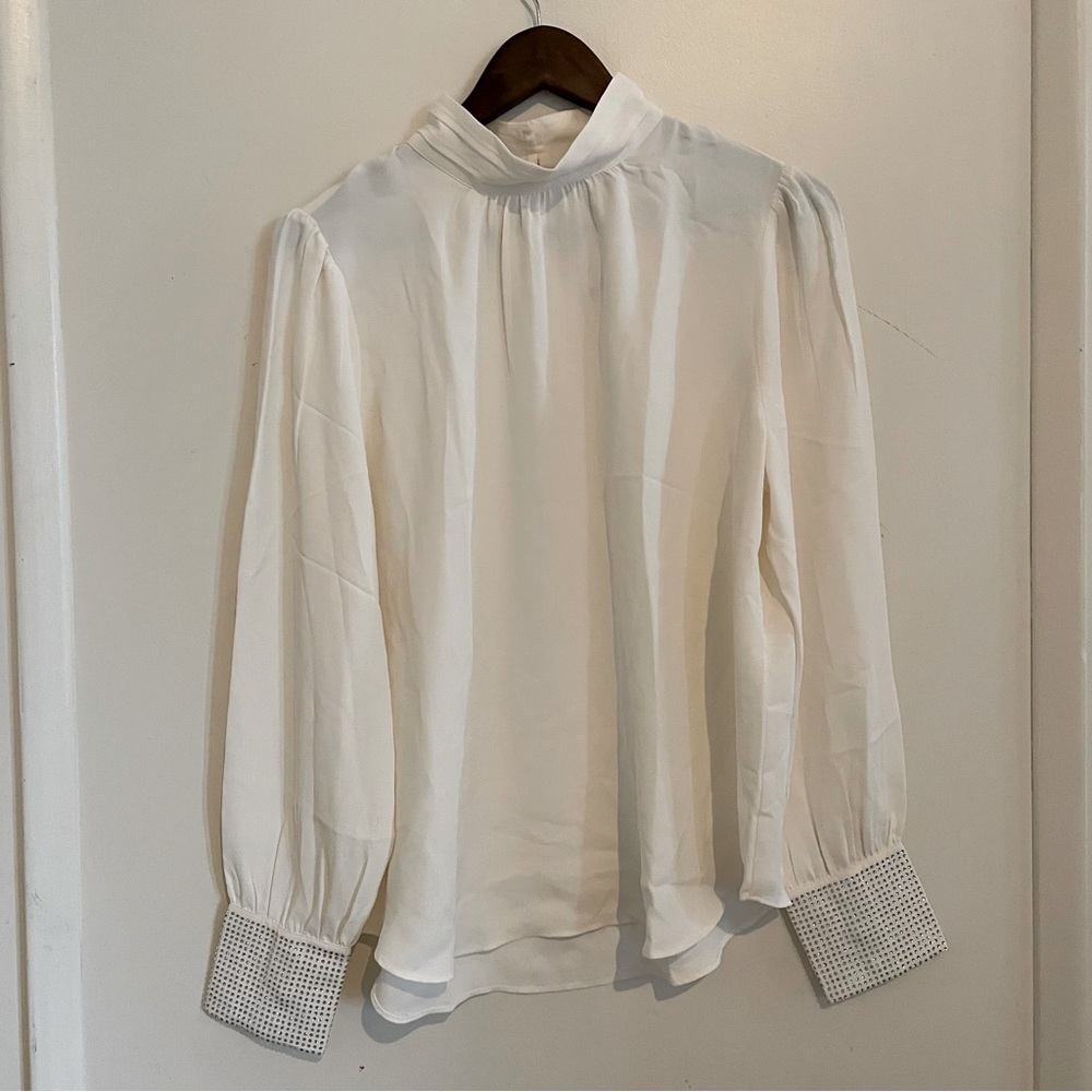 NWT Ann Taylor Cream Blouse with Rhinestone Cuffs, Size Large